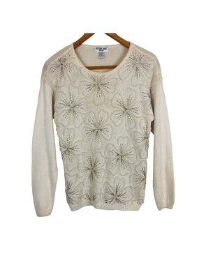 Victoria Jones Knit Vtg Sweater Petite Medium Crewneck Floral Faux Pearl Beaded